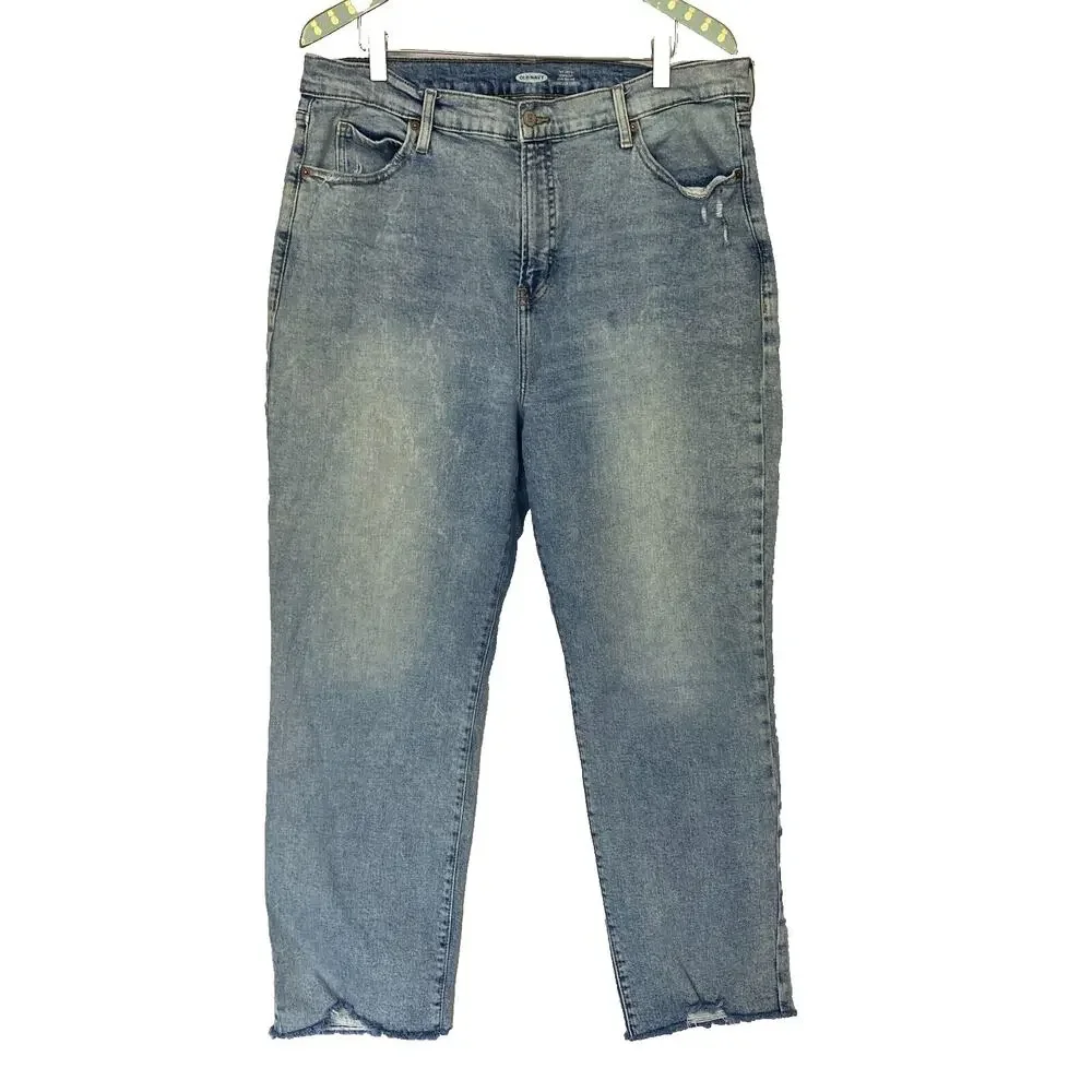 Old Navy Jeans Womens 18 Sky Hi Straight Slimming Light Wash Raw‎ Hem Blue 36x28